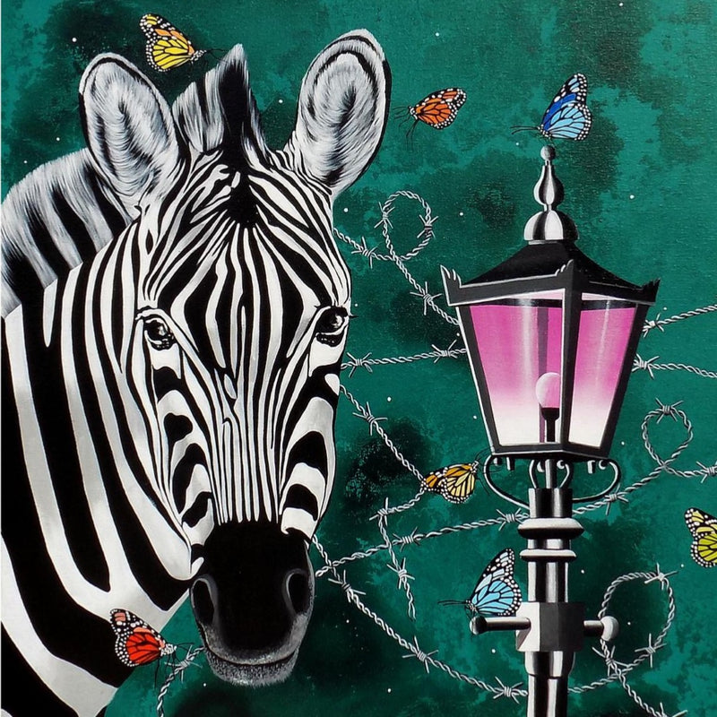 Gopal Samantray depicts a lonely zebra against urban elements like lamp pots, barbed wires and a twinkling night sky. 
