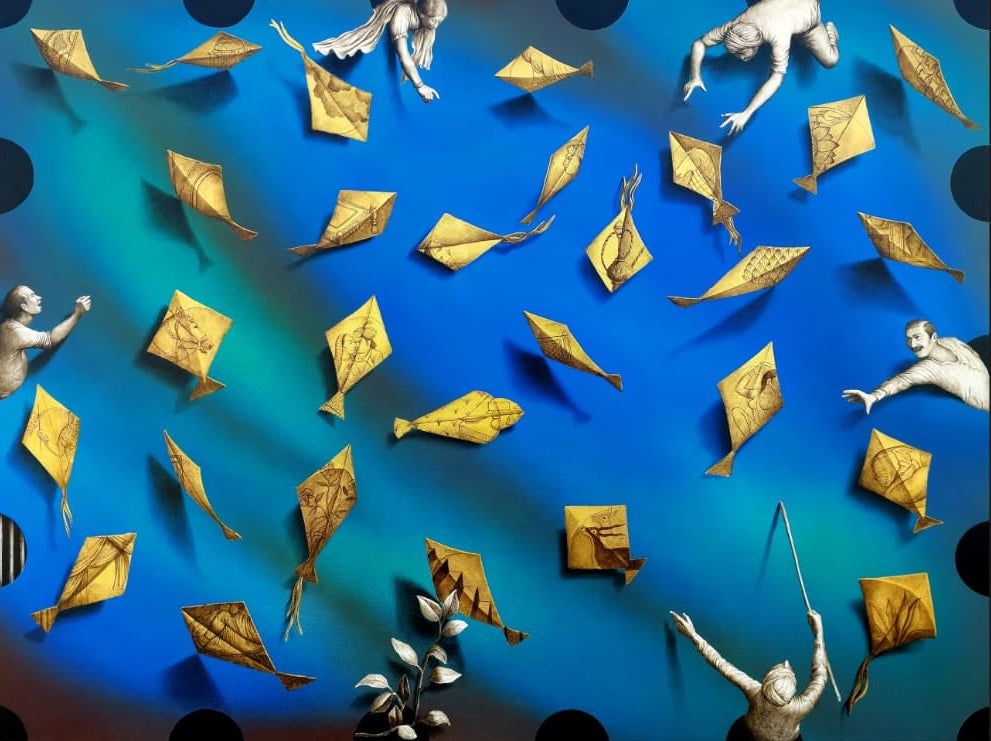 Gourishankar Soni depicts kites being flown in the sky. Some figures emerge out of crevices trying to catch these kites representing our desires.