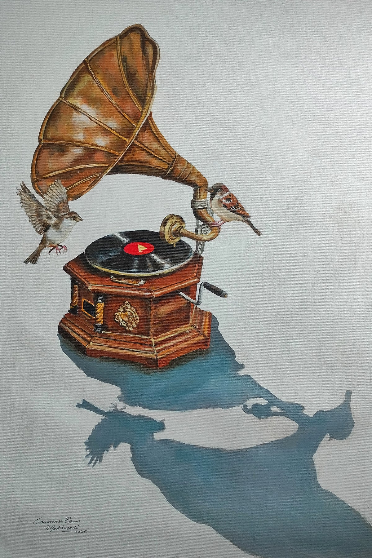 Sreenivasa Ram M vintage style canvas painting of two birds on a gramophone.