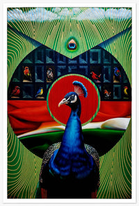 Original peacock canvas painting by Abid Shaikh featuring geometric bird pattern, red sun, and gold line details.