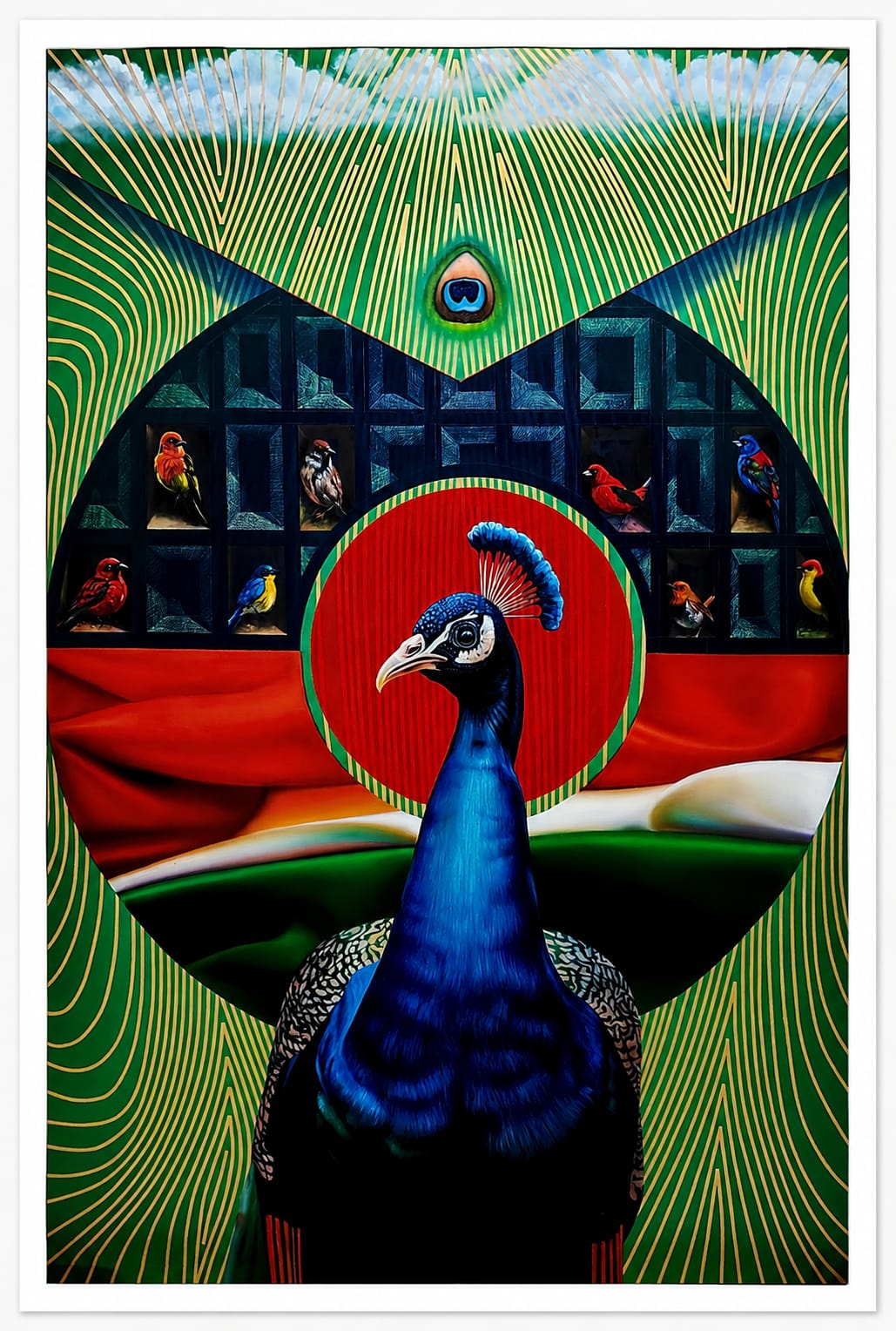 Original peacock canvas painting by Abid Shaikh featuring geometric bird pattern, red sun, and gold line details.