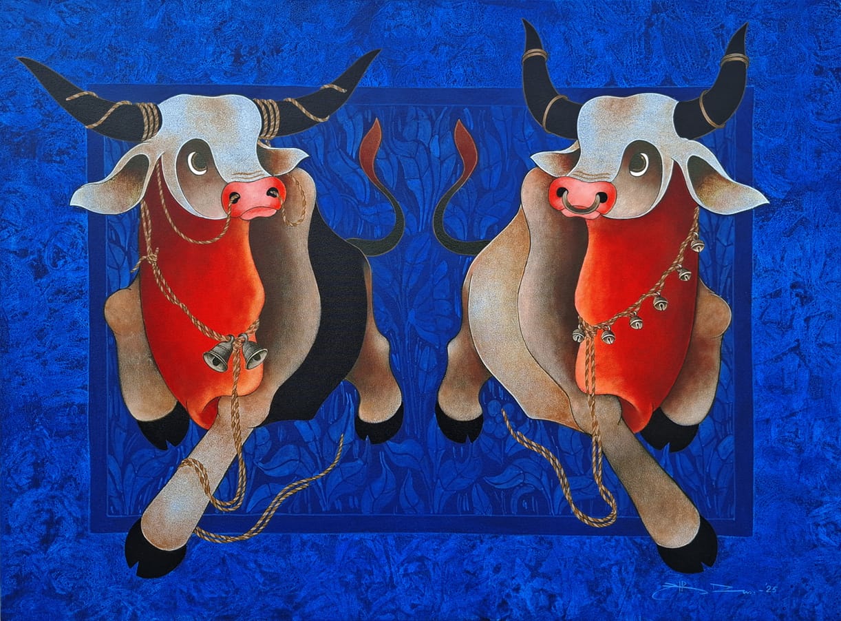 Red Bull Couple canvas painting by HR Das; bulls stride out of a self-patterned blue forest backdrop.