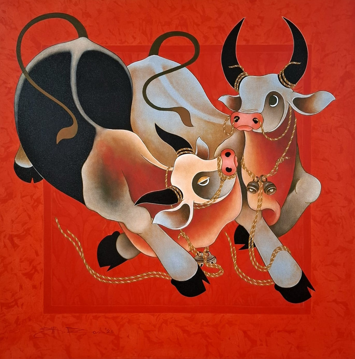 HR DAS Acrylic canvas painting of a bull pair striding on red textured backdrop. The female bows in affection towards male. 