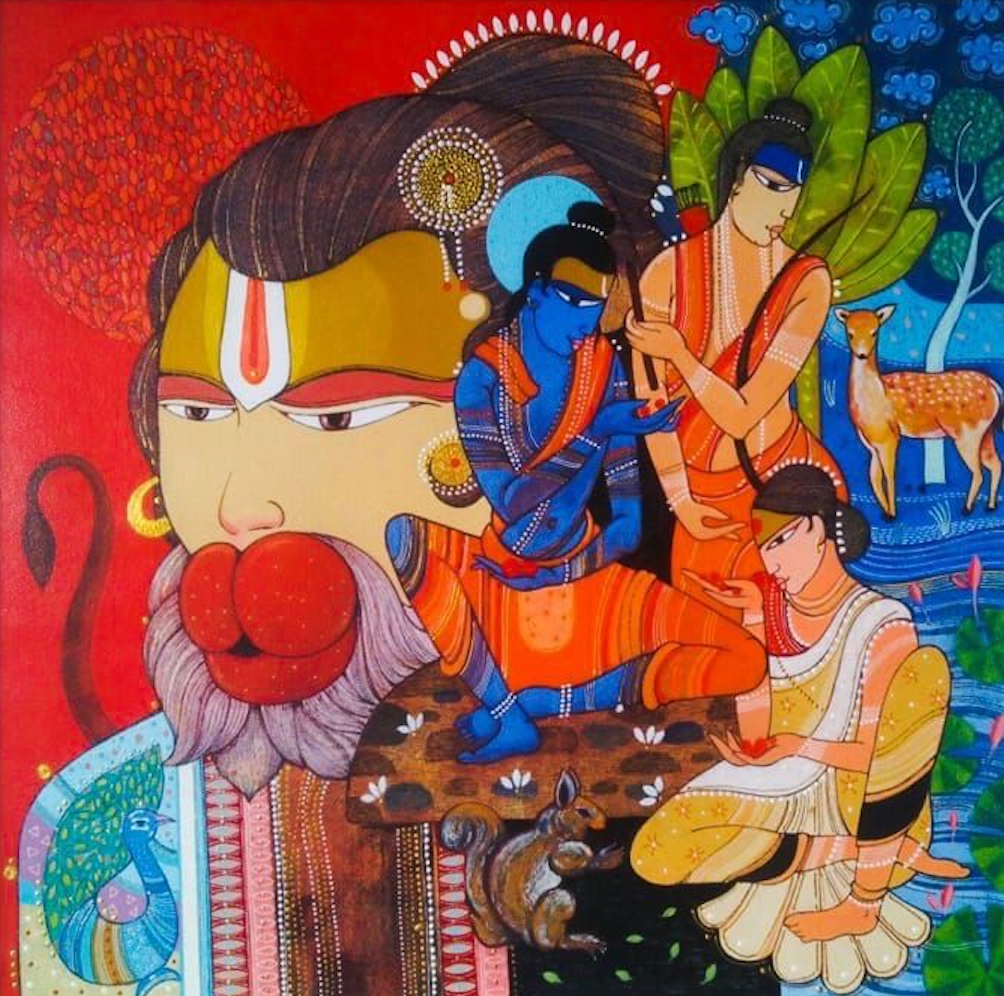 Vibrant red contemporary portrait painting of Lord Hanuman with tiny depictions of Ram, Sita, and Laxman on the side by artist Pritam Chivate.