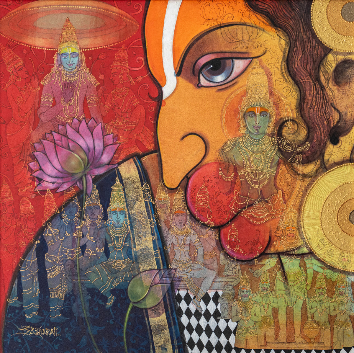 Lord Hanuman Spiritual Painting by Sachin Kharat. Red and Gold tones canvas.