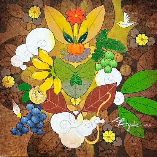 Lord Hanuman emerges from a collage of fruits and floral elements. Art by Ganpati Hegde.