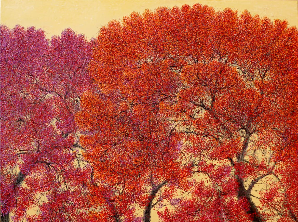 Tree oil painting of pink and orange blossoming branches under a yellow sky.