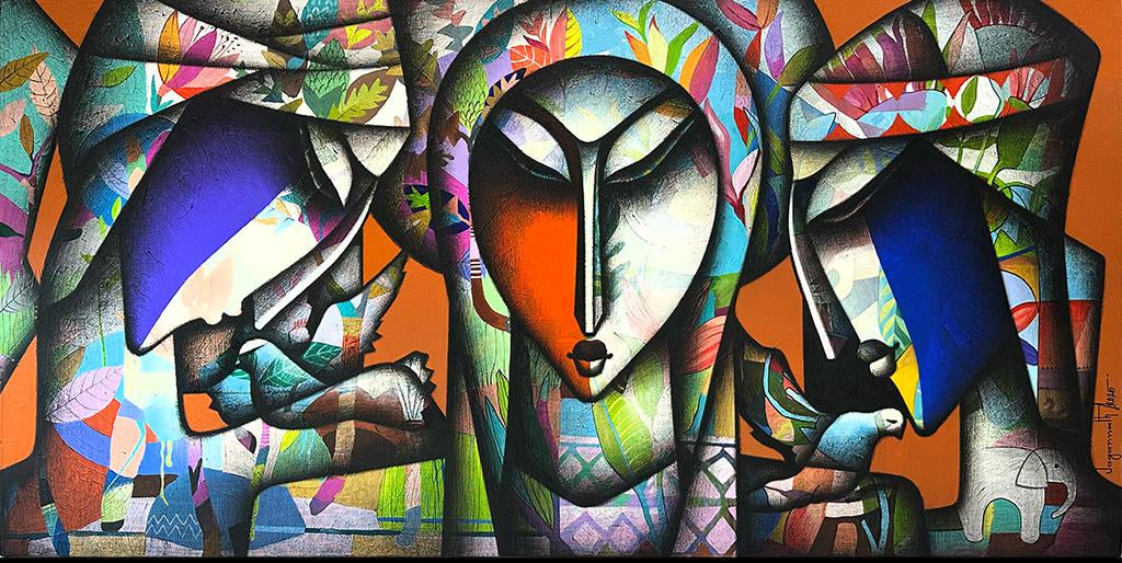 Vibrant orange family portrait painting with bird and elephant patterns by Jagannath Paul