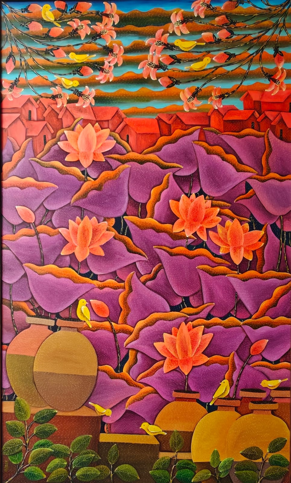 Vertical contemporary painting by Sadaf Beg Khan featuring a village hamlet behind vibrant pond purple leaves, pastel blossoms, and birds perched on earthen water pots.