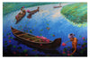 Artistic depiction of a Indian backwaters scene with boats and people collecting lotus, featuring vibrant colors.