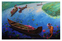 Artistic depiction of a Indian backwaters scene with boats and people collecting lotus, featuring vibrant colors.