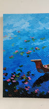 Palette knife art-style painting of a boat on water with lily pads. Close up from Sharddha More Artwork.