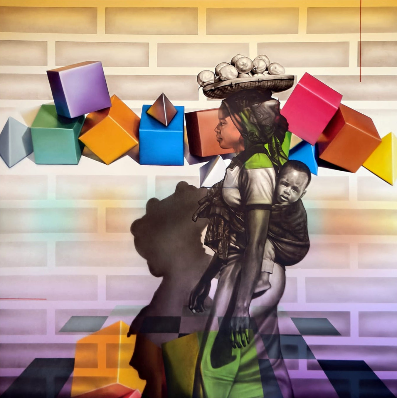 Art depicting mother and child by Abid Shaikh - symbolic of the quiet strength and the lesser blessed in society, often surrounded by harsh conditions. Oil on Canvas artwork. 