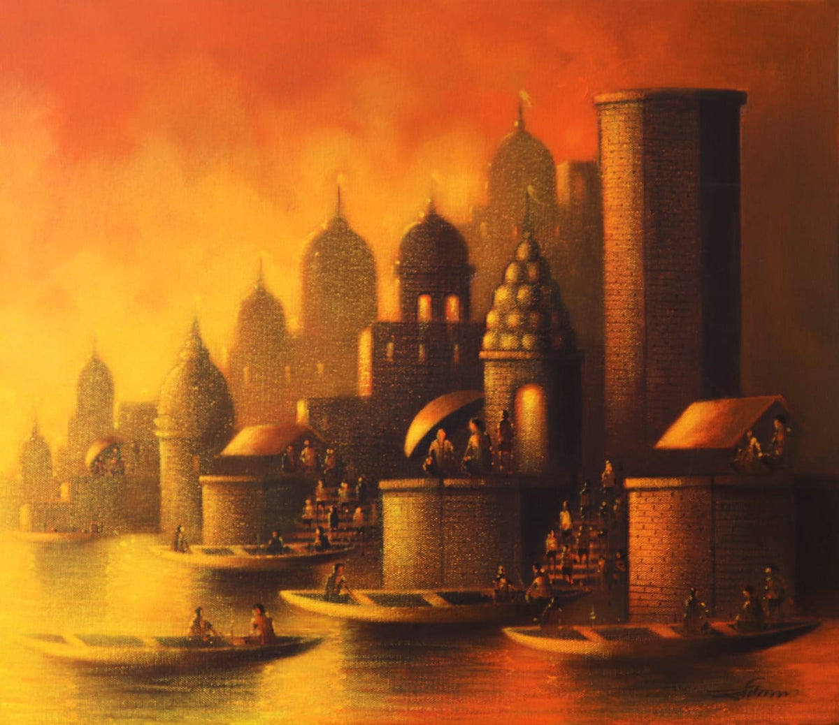 Varanasi's painting featuring sacred ghats, rendered in yellows and vibrant oranges against charcoal architecture.
