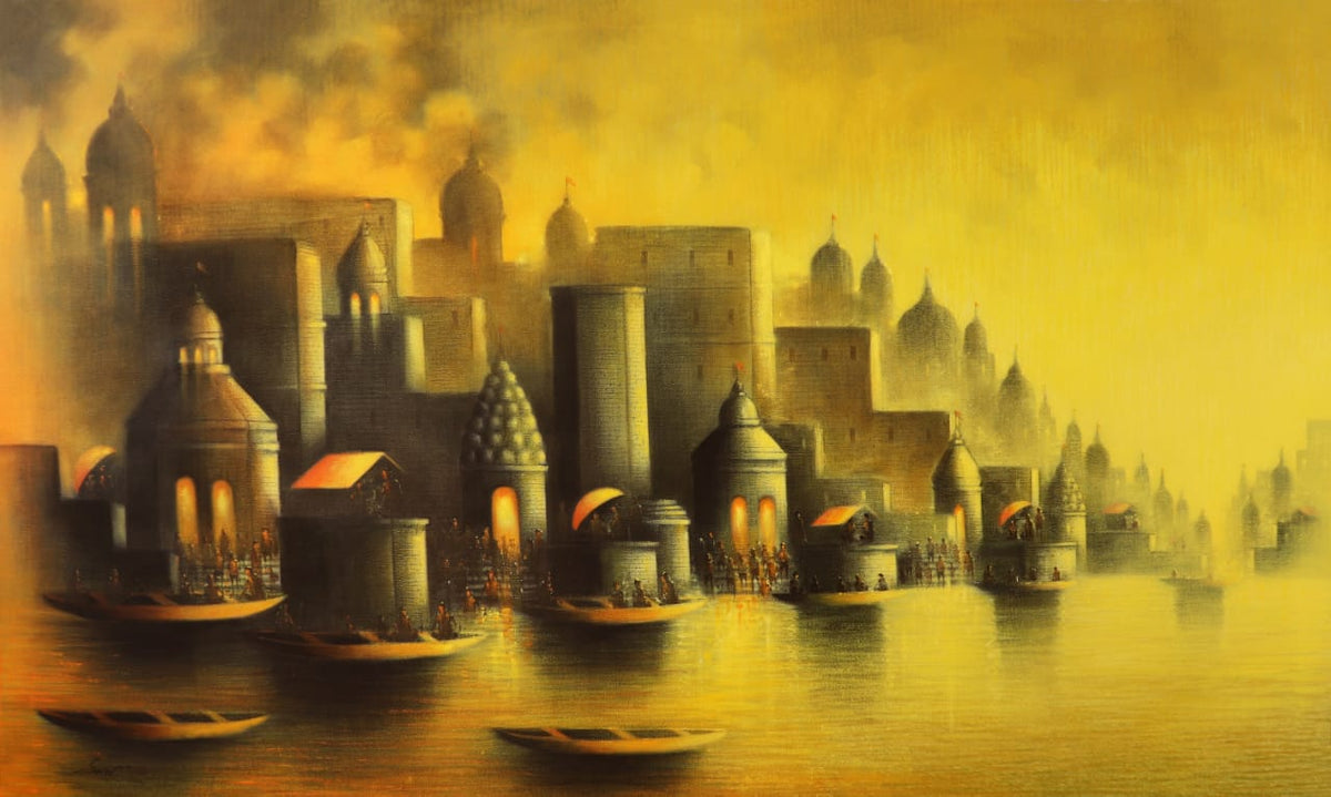 Painting of the Banaras ghats with temples making for background  and boats in river in forefront. Featuring a meditative yellow glow and charcoal grey depth. 