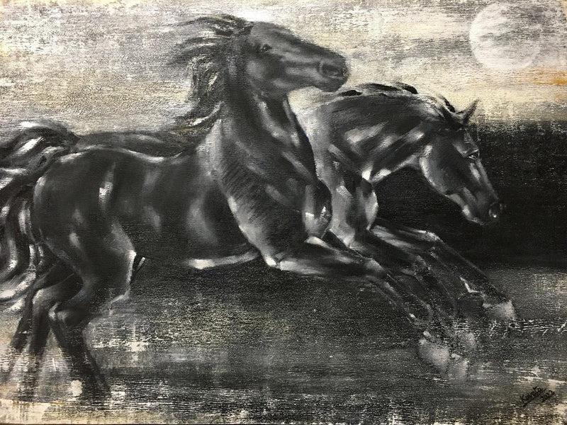 Kaveta Sachdev paints horses in Acrylic, Oil and Charcoal painting. Two horses race under a moonlight sky. 