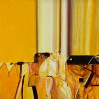 Textured yellow abstract oil painting with glowing gold and amber tones.