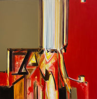 Pure abstract oil painting featuring thick, dynamic red and crimson strokes.