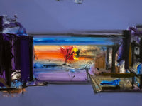 Abstract oil painting with a violet background and horizontal primary color strokes.