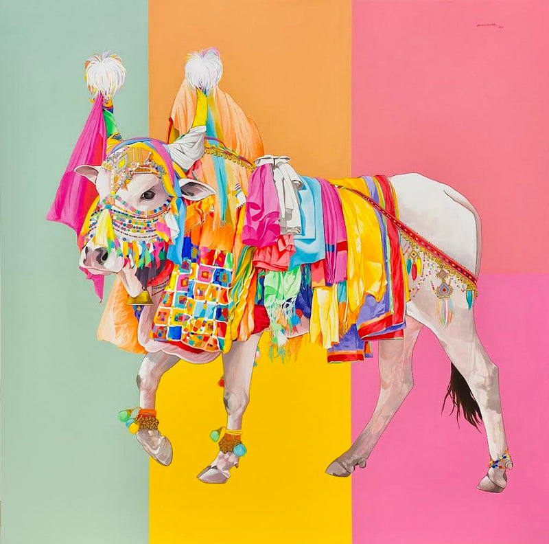 Mohammed Osman paints the endearing bull wihich is adorned in festive wear and ornaments lovingly by the farmers and village community as part of the Gangireddu festival celebrated in South India