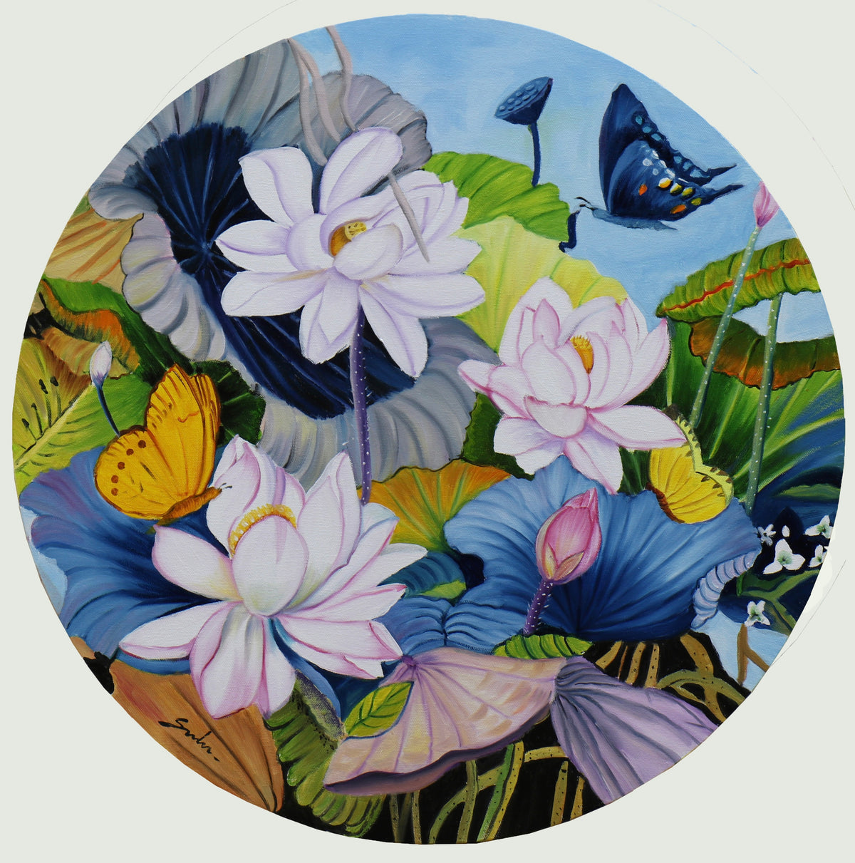 Sulakshna’s Circular artwork rich with natures blossoms and butterflies. 