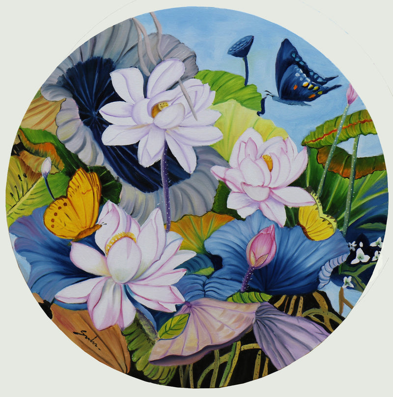 Sulakshna’s Circular artwork rich with natures blossoms and butterflies. 