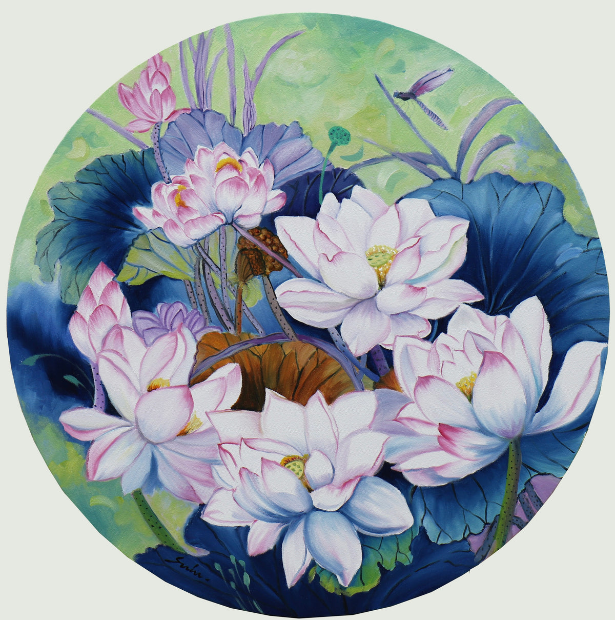 Artist Sulakshana D Olin on Canvas circular painting with louts flowers blooming in pond. 