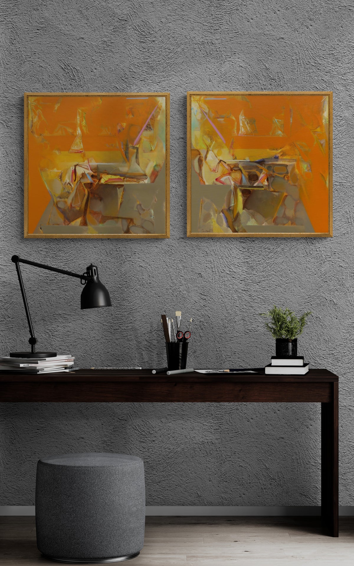 Shrikant Kadam creates a diptych with orange and earthy abstract works. 
