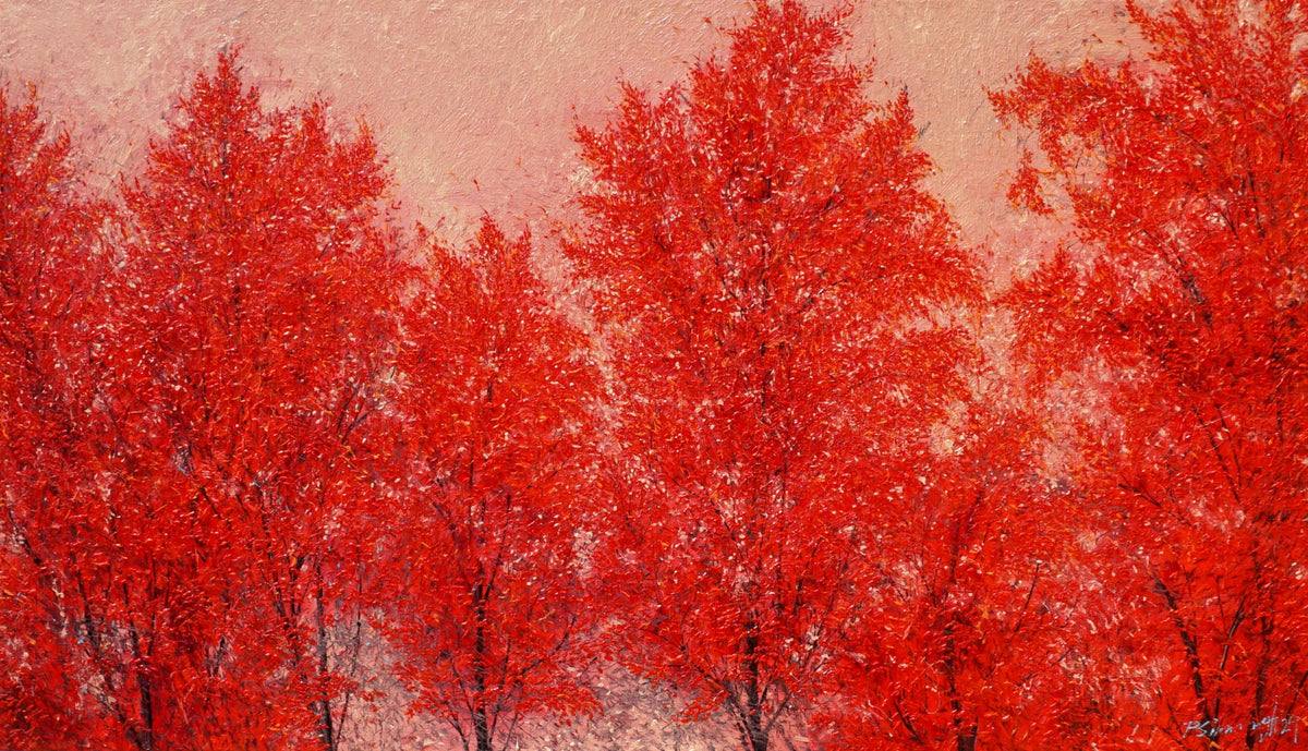 Red Chinar trees form a lush background against pink sky. Oil on Canvas