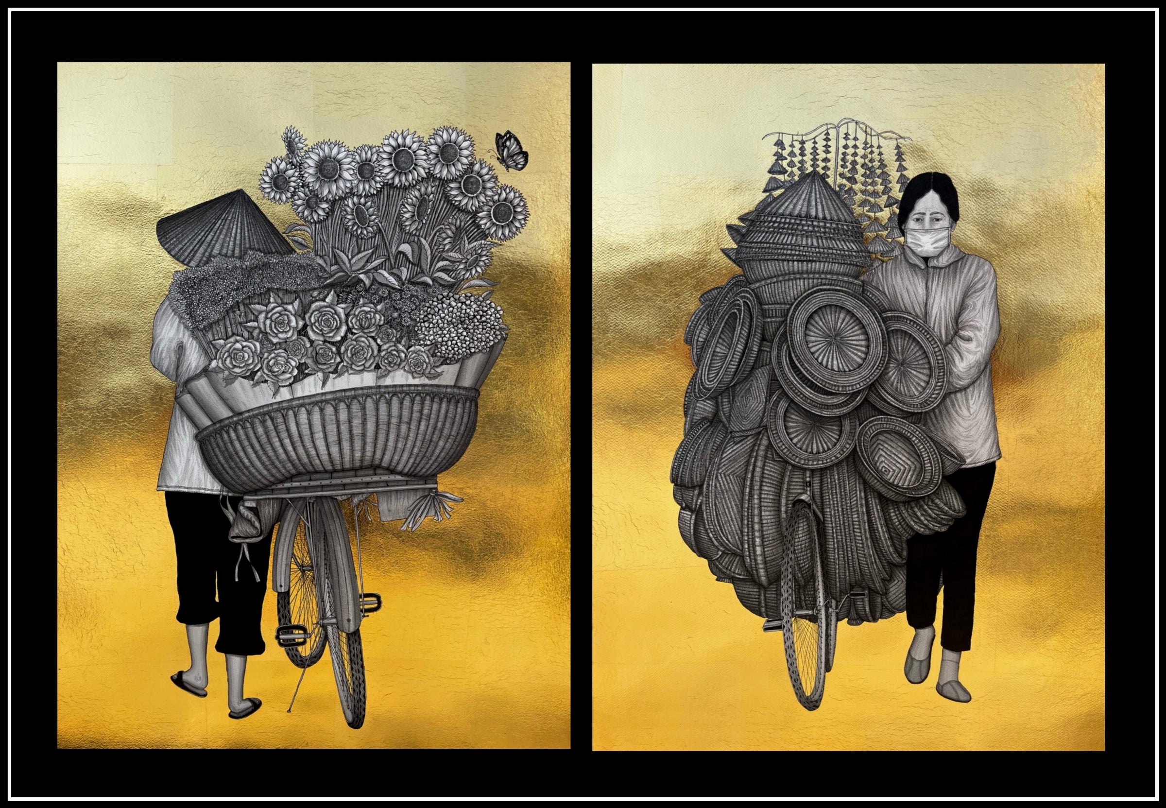 Glimpses of Indian street sellers made by Kapil Anant depicted using monochrome figures against a gold foil background.