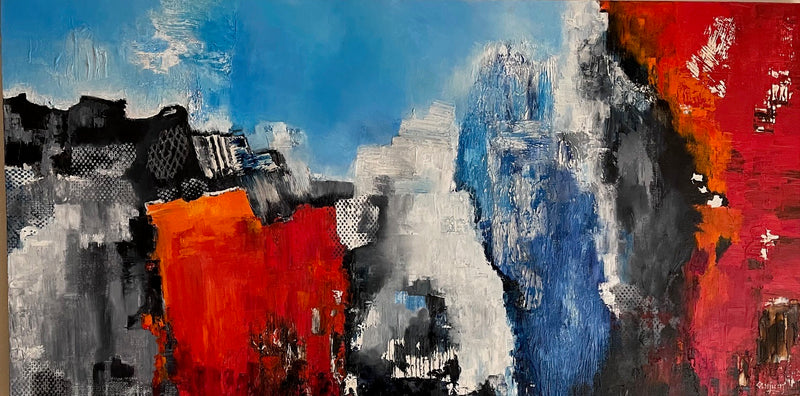 A stunning abstract by artist Anjum Motiwala using bold hues of red ml;eying into calming blues and whites.