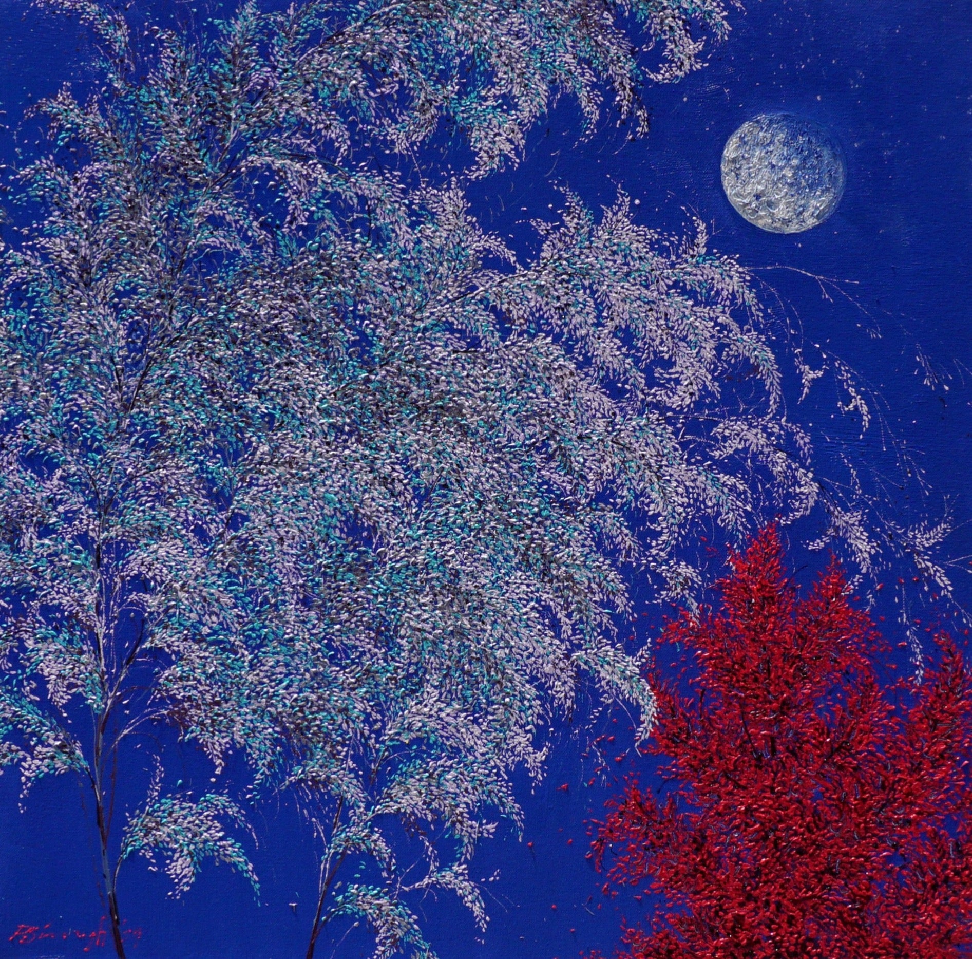 Moon beams on the sky night. The Monnlight falls gently on the trees. Oil on Canvas work by Pardeep Kumar