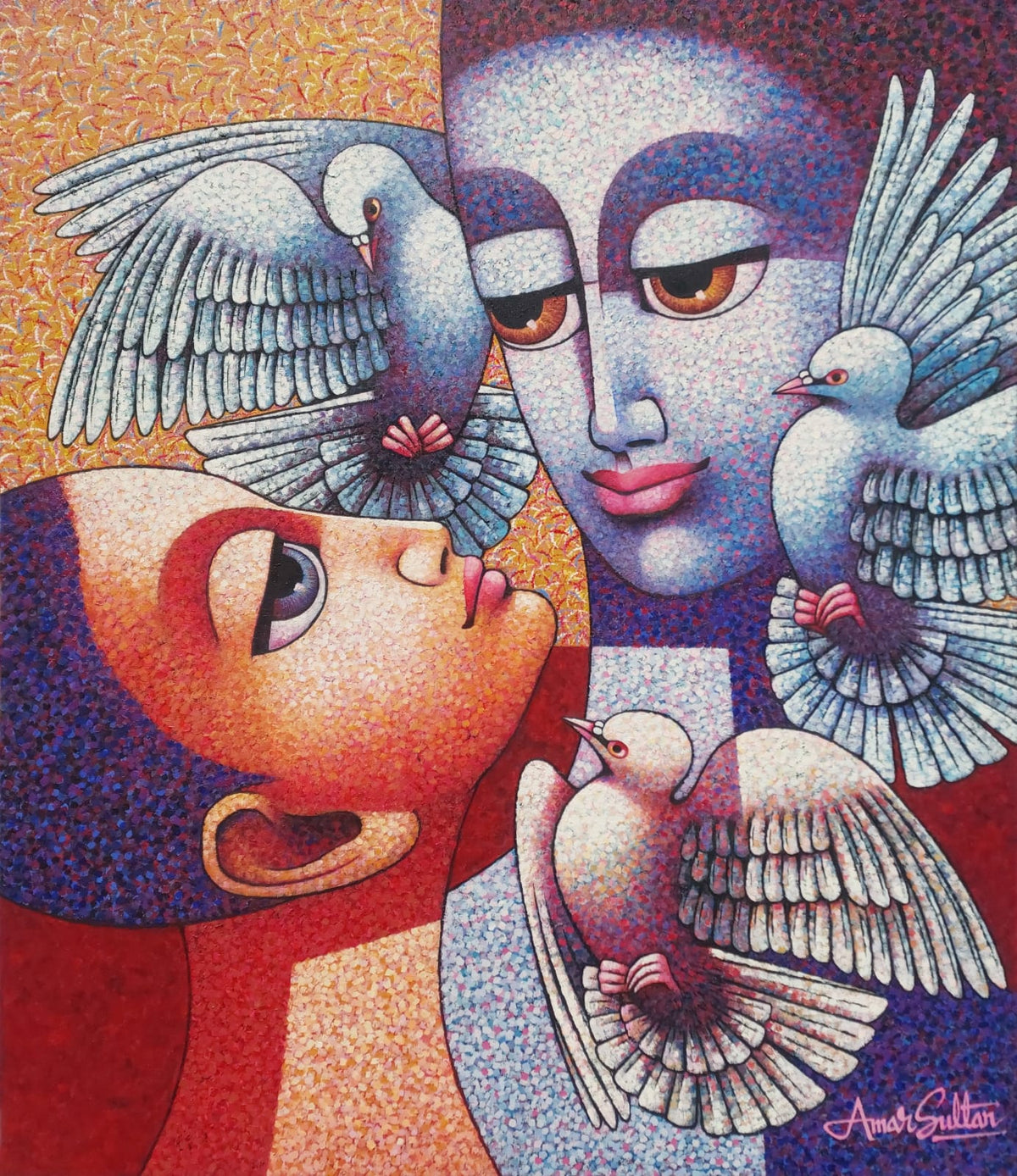 Amar Sultan oil painting: Romantic couple with large eyes and three doves, beige and purple palette.
