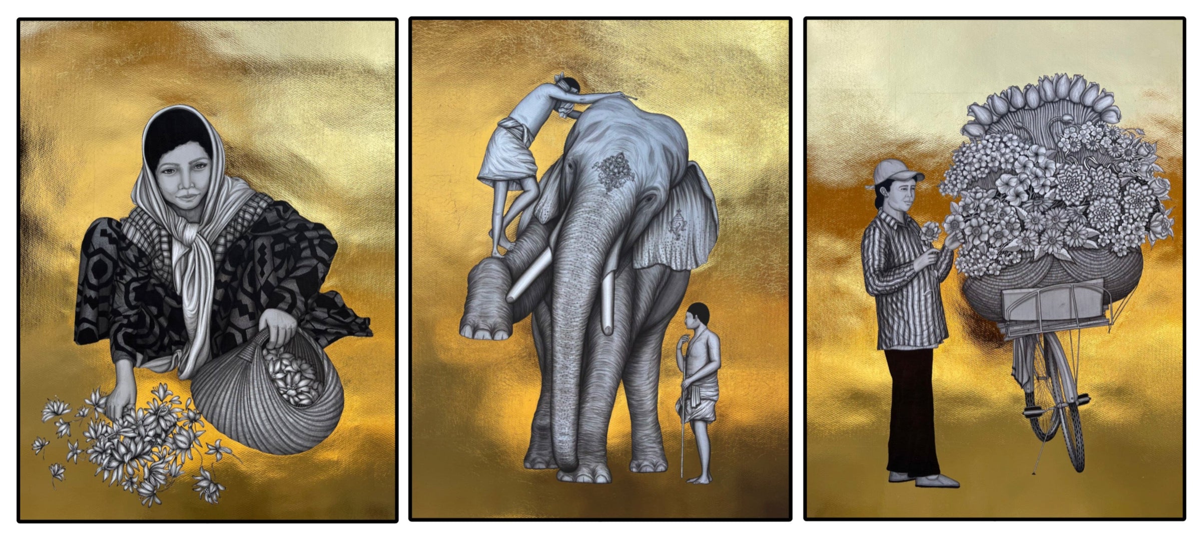 Set of three depictions of people of India featuring street sellers by artist Kapil Anand using gold foil on canson paper.