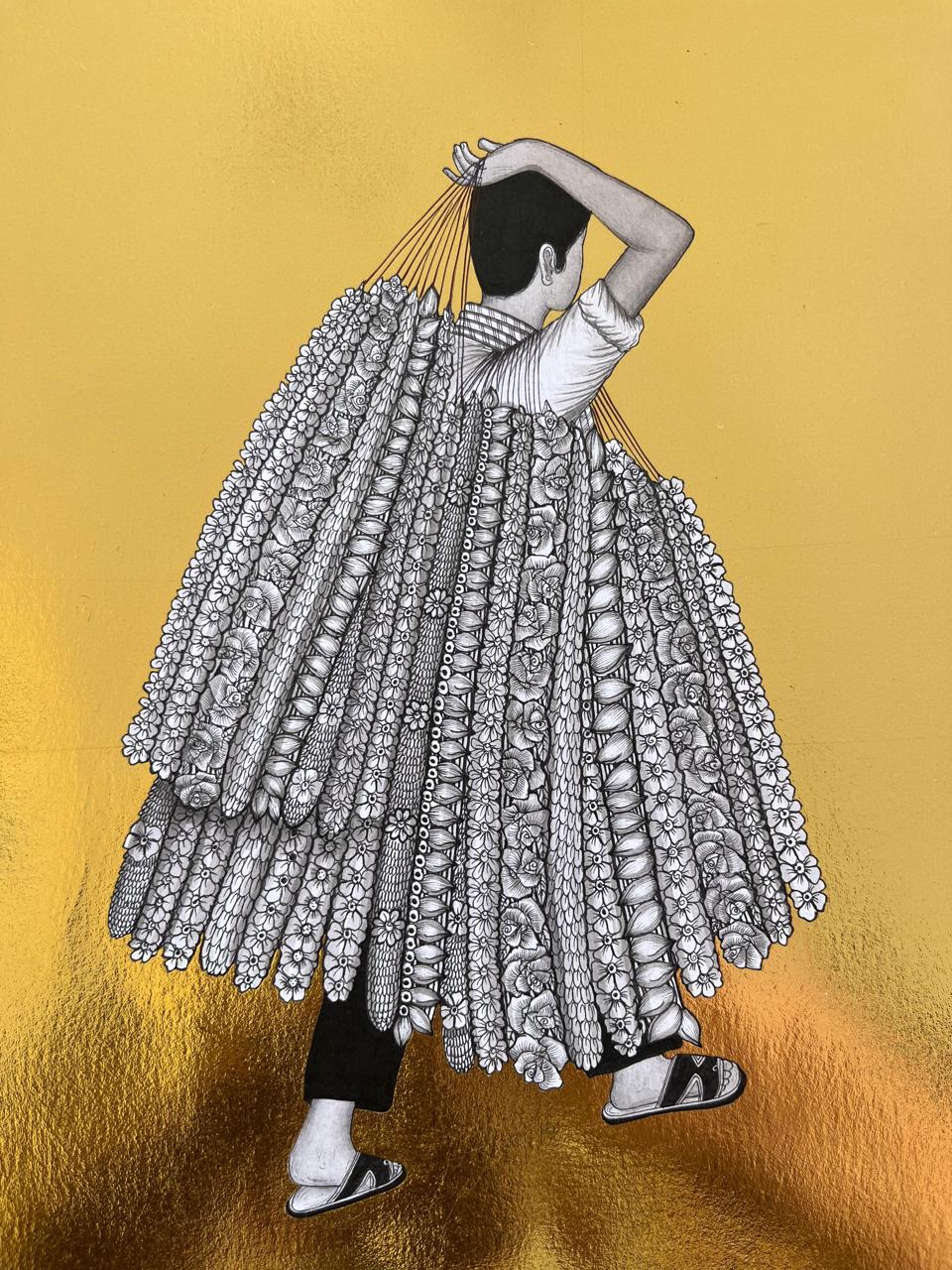 Kapil Anant's artwork close up of illustration of flower market vendor against gold drop backdrop. Part of Incredible India series.