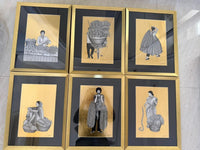 Six framed Kapil Anant artworks featuring scenes from Indian flower market. Each Artwork  features a black and white illustration on gold foil.