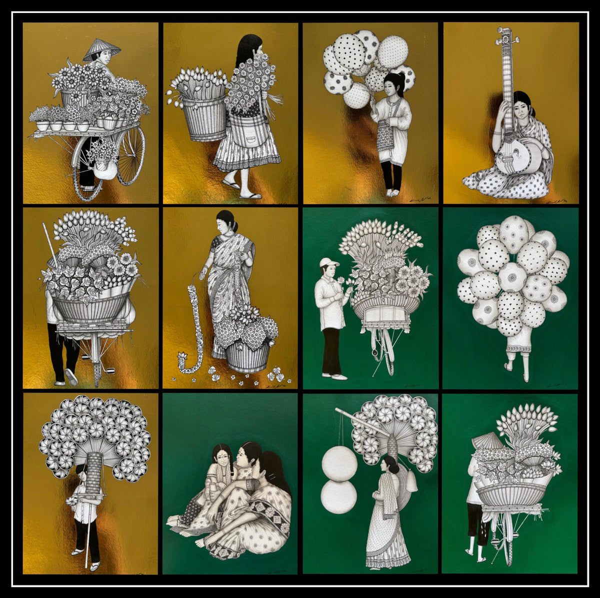 Kapil Anant's Incredible India set of 12 works. black-and-white line-art illustrations of Indians against gold foil and dark green backgrounds.