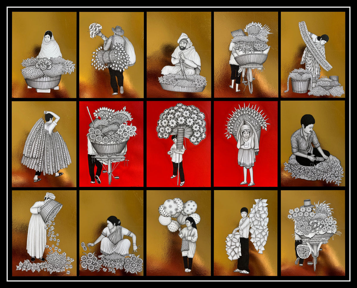 These contemporary miniature paintings set of 15 blend 22k gold foil with acrylic collage to capture the vibrant spirit of Indian streetsellers life.