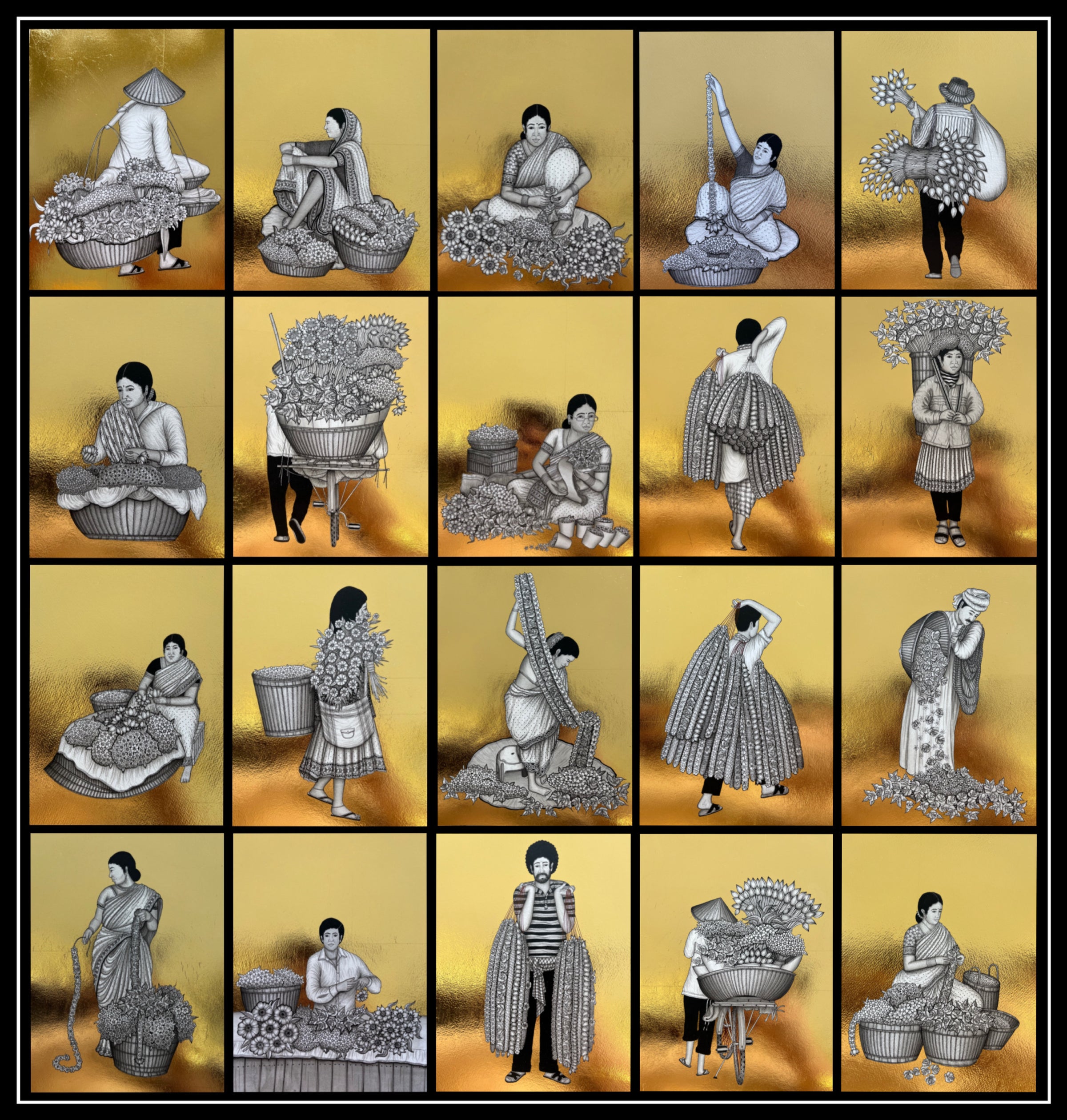 Grid of black and white illustrations of people at work in flower market painted on gold background.