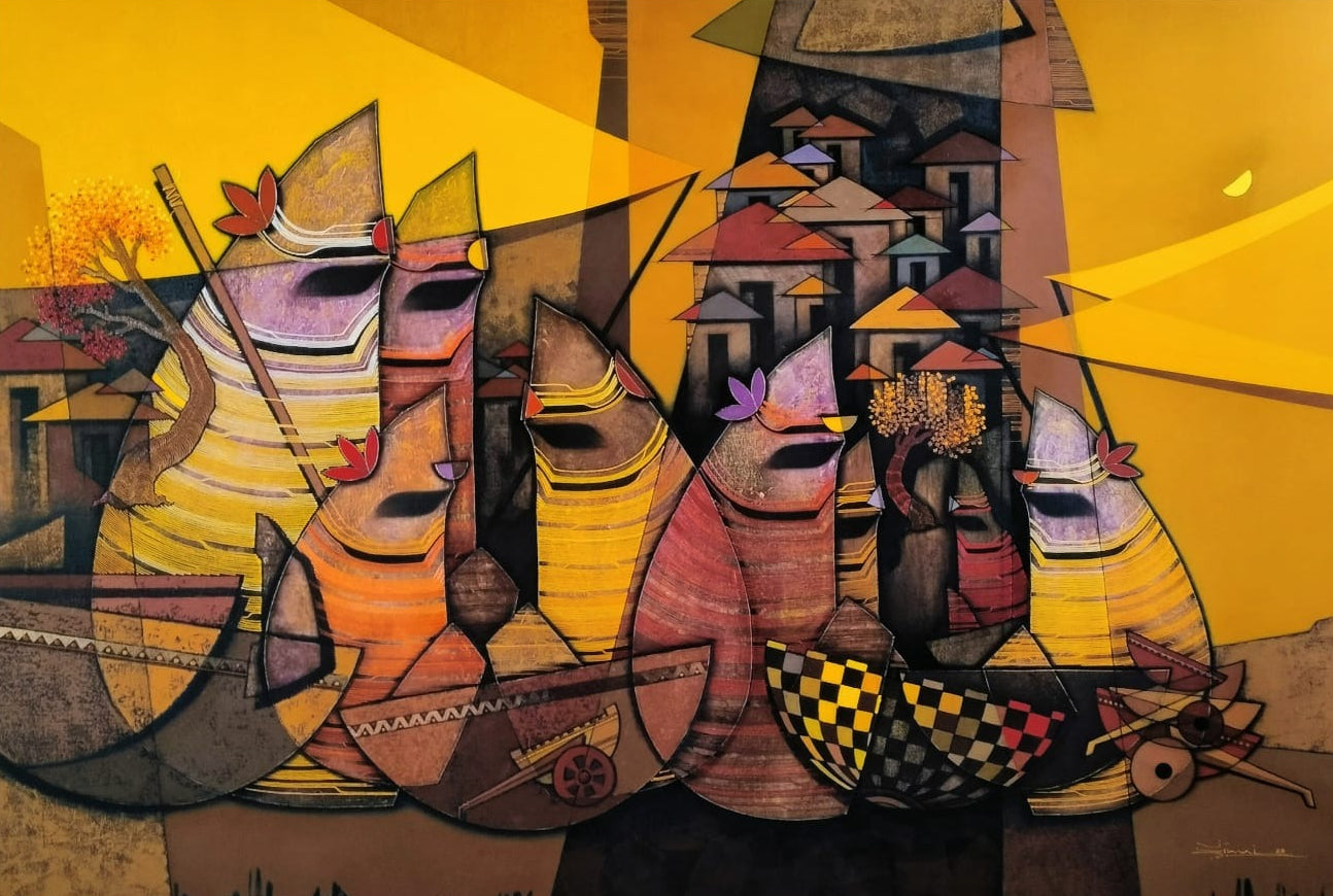 Large 6-foot contemporary Indian village market painting by Rahul Dangat, showcasing abstract market sellers with brown tree-bark textures.