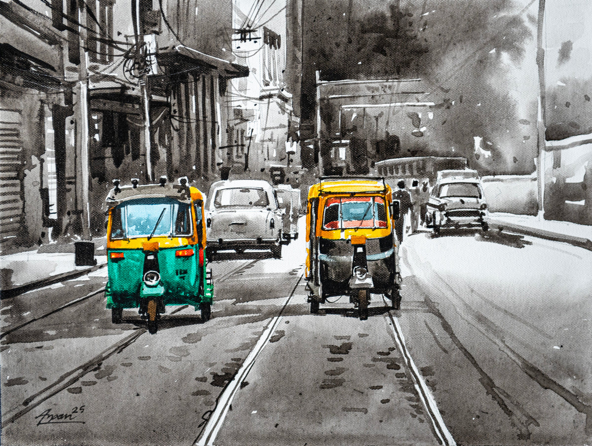 Indian streetscape auto rickshaw painting in monochrome with green yellow accents by Arpan Bhowmik