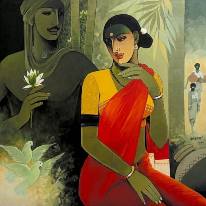 Indian village couple painting of a turbaned man giving a flower to a woman.