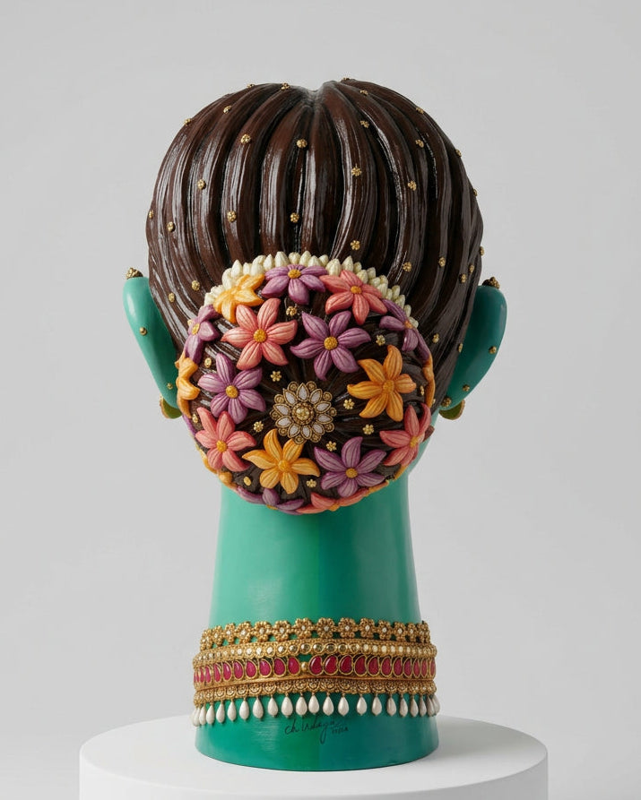 Back Side close up of Udaya Lakshmi's  Indian woman fiberglass sculpture's shows hair bun with jewels and flora accessories.
