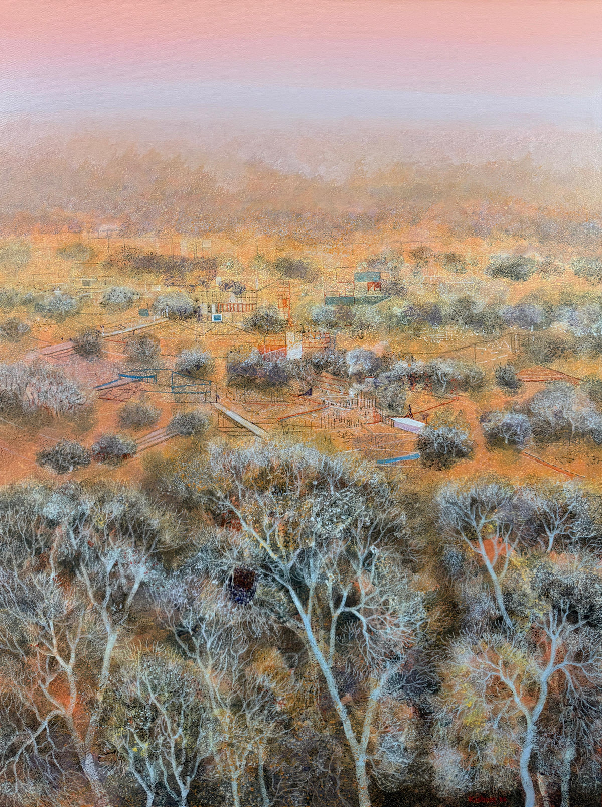 Vertical nature landscape painting; sprawling fields under soft peach sky on canvas.