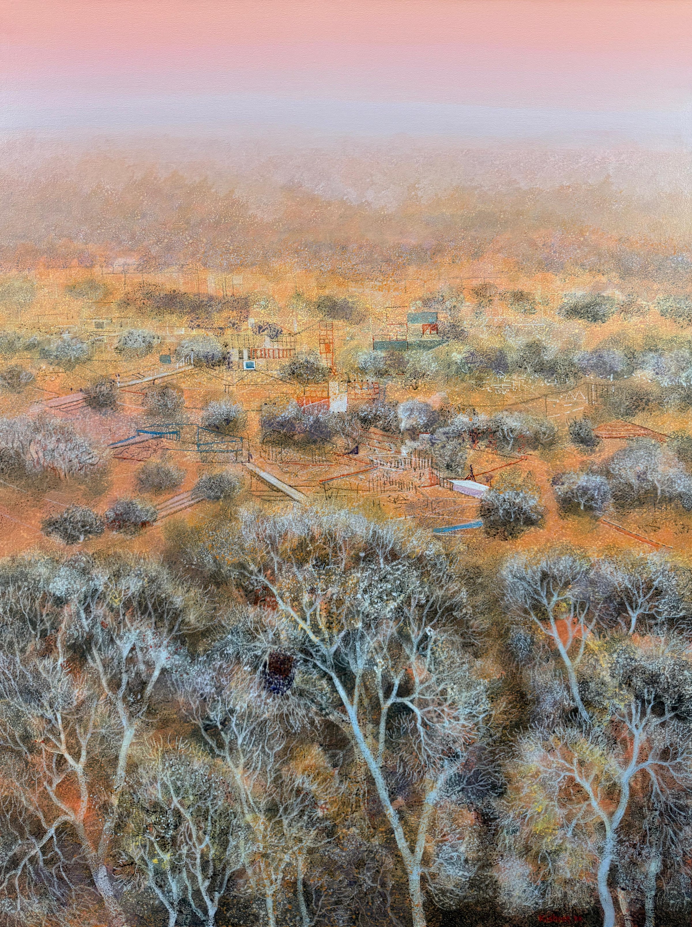 Vertical nature landscape painting; sprawling fields under soft peach sky on canvas.