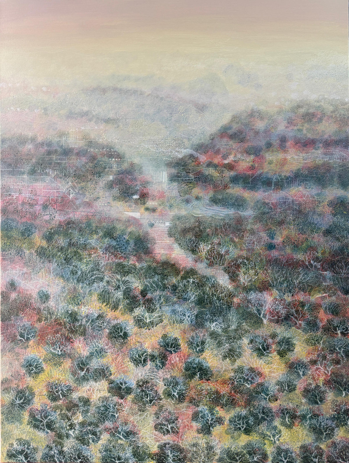 Sunset landscape with trees and a road in winter