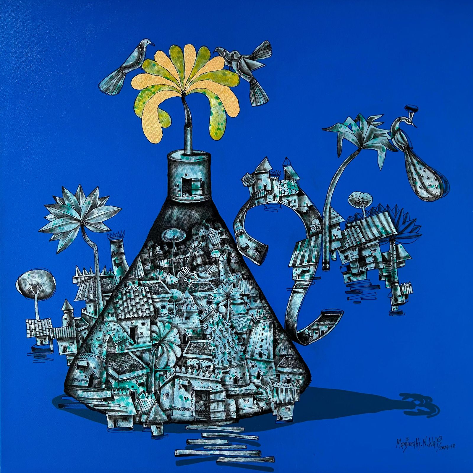 Manjunath Wali portrays the routine objects, landscapes and lives of Indian village in the body of a kettle.