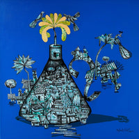 Manjunath Wali's fine art acrylic painting Inner Light shows an Indian village hamlet drawn inside a blue kettle.