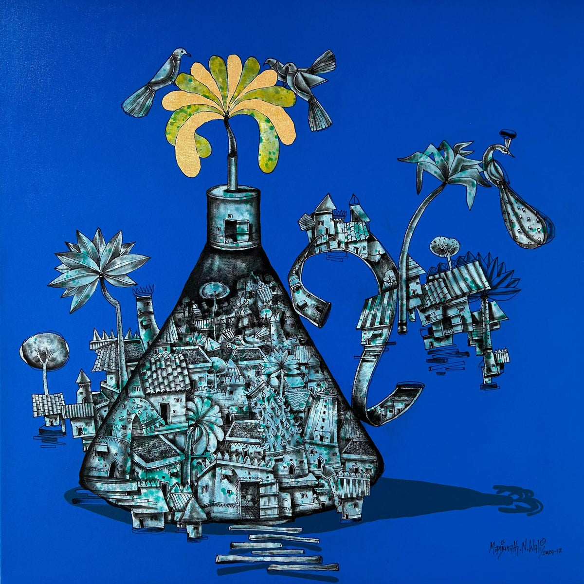 Manjunath Wali's fine art acrylic painting Inner Light shows an Indian village hamlet drawn inside a blue kettle.