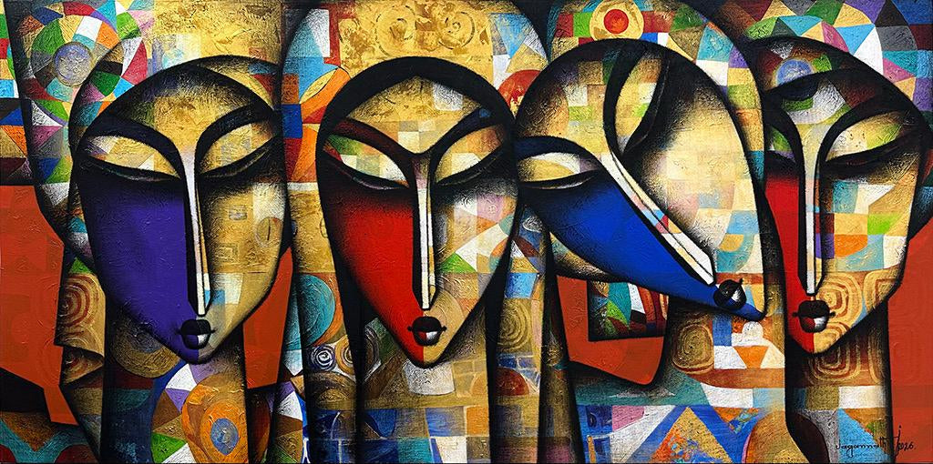 Large red family painting with four charcoal faces and geometric abstraction.